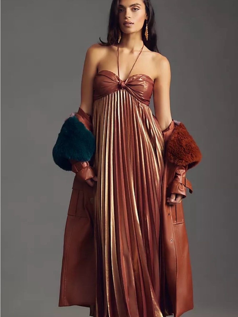 Anthropologie By Anthropologie Plissé Halter Dress Brown Maxi